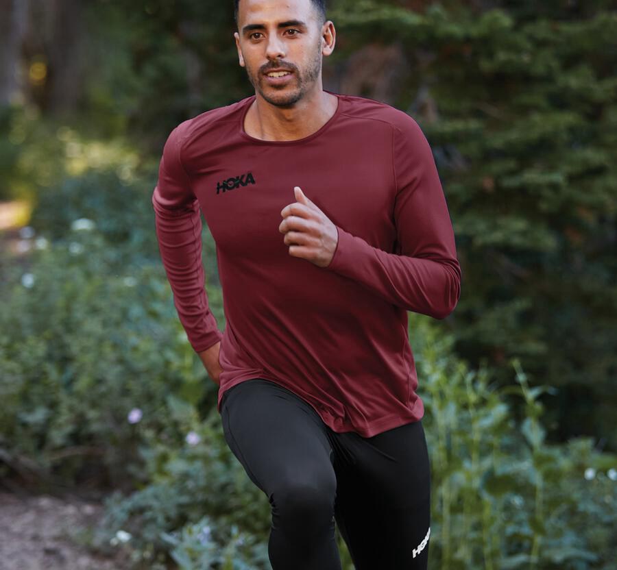 Top Hoka One One Hombre - Performance Largos Sleeve - Marrones - ERA867431